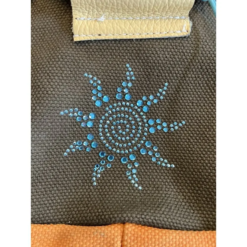 Vintage Canvas Handbag Purse Bag with Wooden Handles Rhinestones Orange Brown